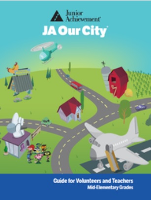JA Our City cover with illustrated buildings, streets and modes of transportation