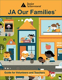 JA Our Families cover with illustrations of people in building and on the sidewalk interacting