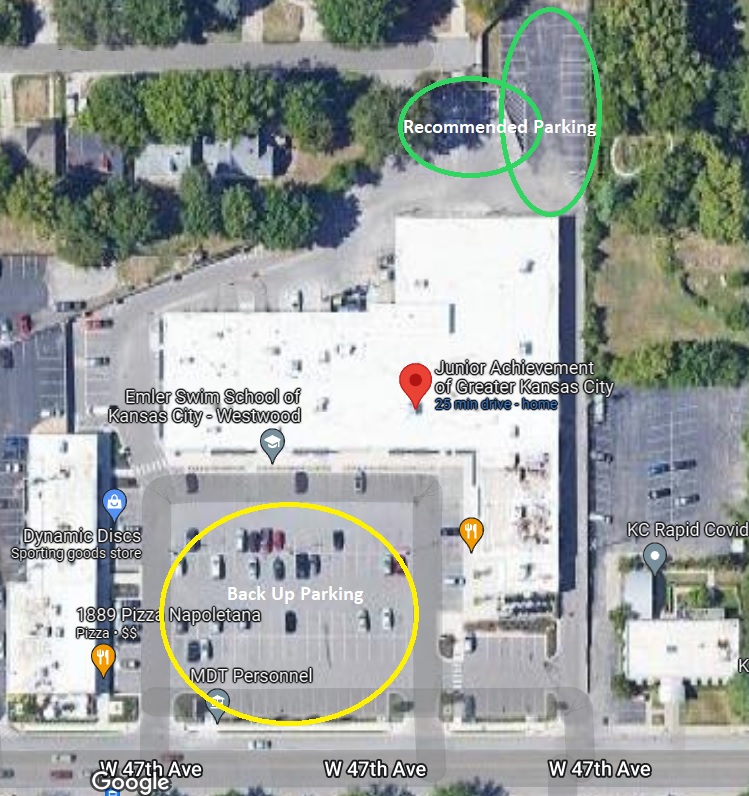 Map showing parking areas in front and behind JA building