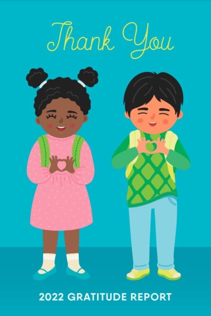 Gratitude Report cover with two illustrated children, reads "Thank You"