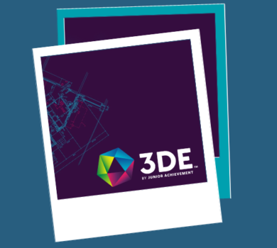 Purple geometric background with the 3DE by Junior Achievement logo