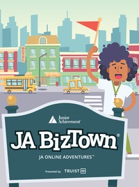 JA BizTown Online Adventures instructional cover featuring buildings, automobiles and a young person holding a flag