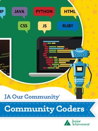 JA Community Coders instructional cover featuring computers and a robot