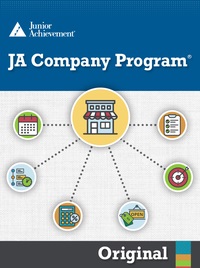 JA Company Program instructional cover featuring icons for buildings, calendars, calculators, etc