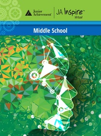 JA Inspire Middle School instructional cover featuring abstract shapes and gears in the shape of a face