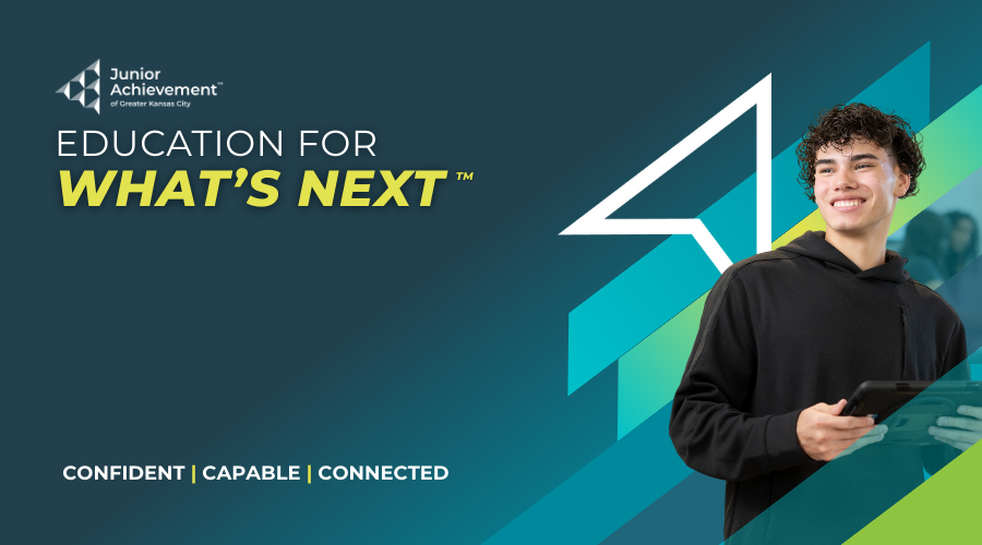 Young person holding a tablet, smiling, with geometric shapes. Text reads: "Education for What's Next. - Confident, capable, connected."