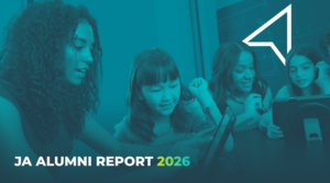 Students gathered around a table using tablets, with the text “JA Alumni Report 2026” displayed at the bottom.